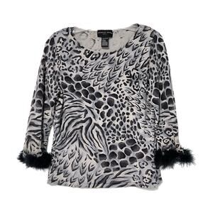 August Silk Women's Pullover Knit Top Large 100% Silk Black Faux Fur Cuffs